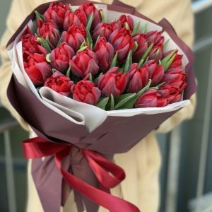 Red peony tulips bouquet